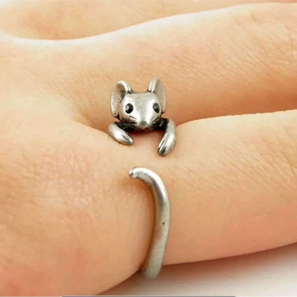 Cute rat ring silver plated adjustable cuff ring